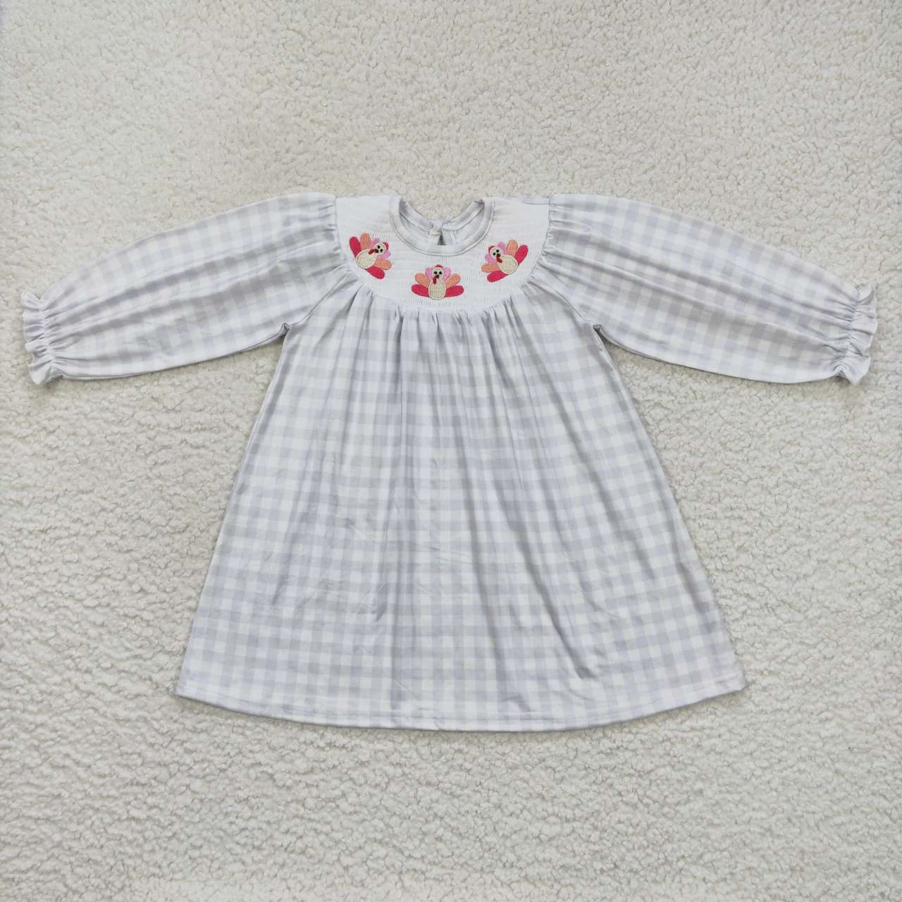 GLD0357 Pink Turkey Embroidery Grey Checkerd Girls Thanksgiving Smocked Knee Length Dress