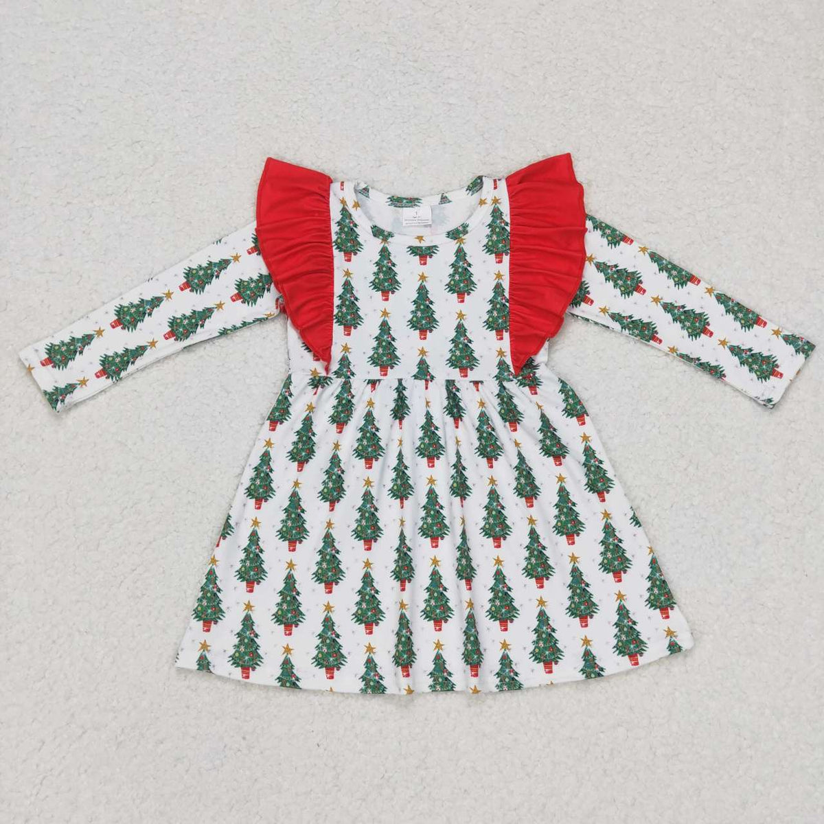 GLD0377 Tree Stars Print Girls Christmas Knee Length Dress