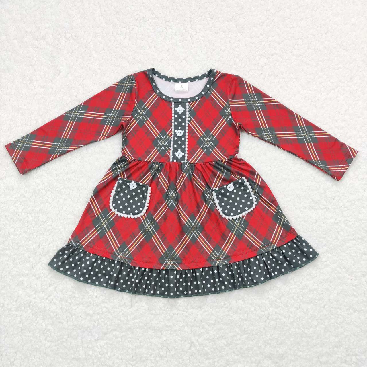 GLD0424 Checkered Dots Print Pockets Girls Christmas Knee Length Dress