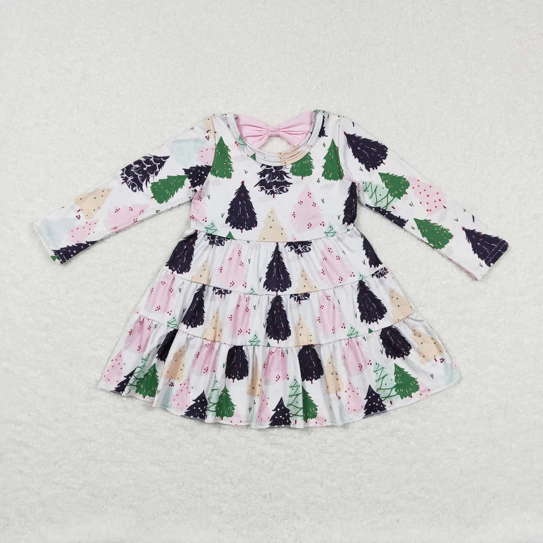 Sibling Baby Girls Bows Trees Plaid Christmas Ruffle Knee Length Dresses