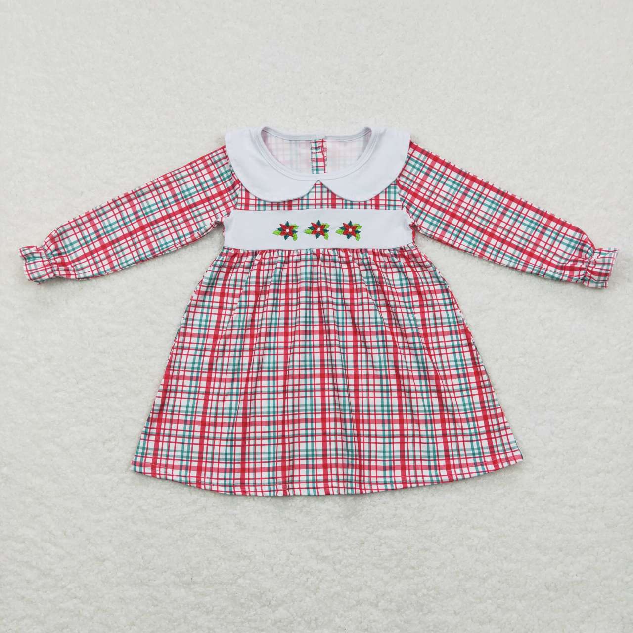 GLD0470 Holly Embroidery Checkered Girls Christmas Knee Length Dress