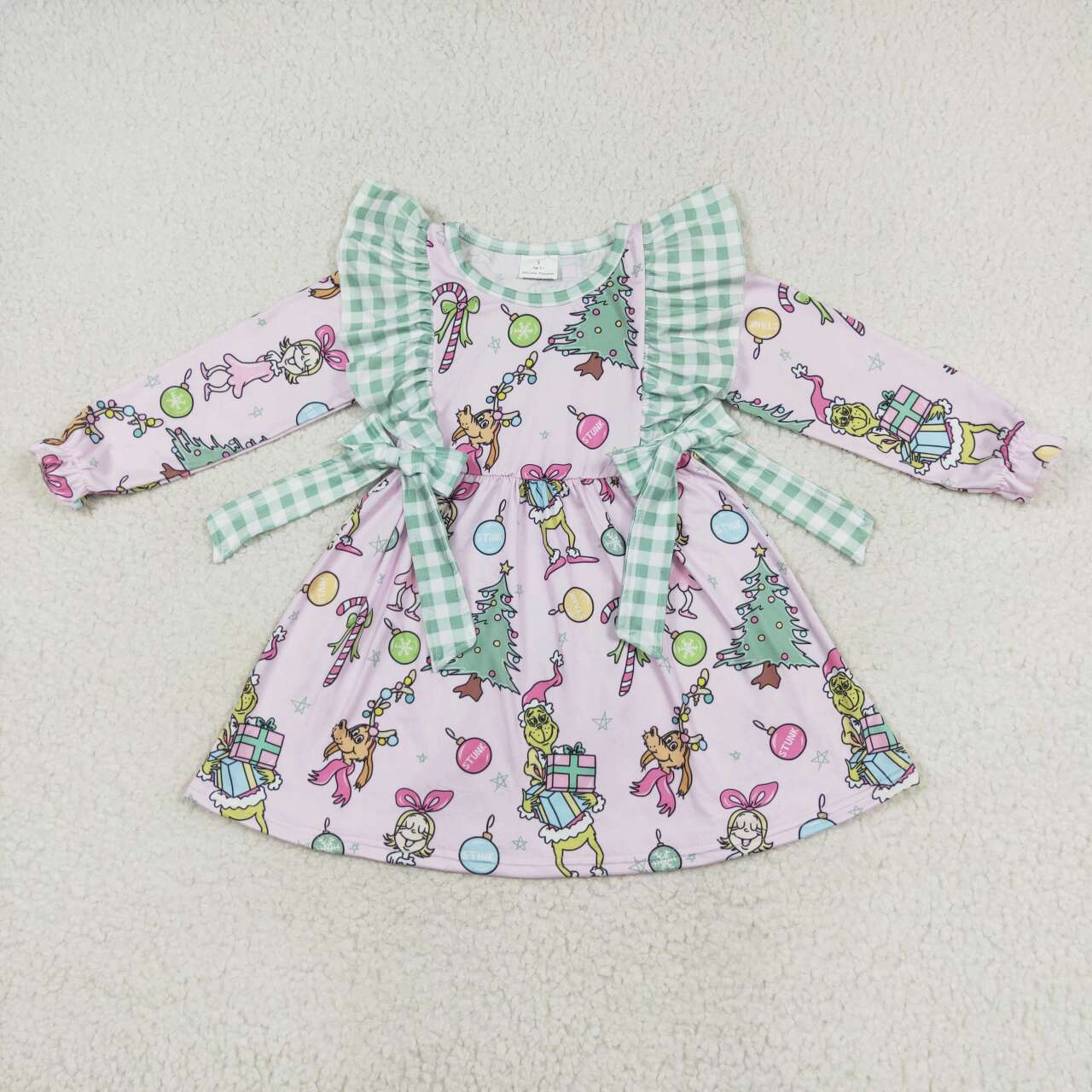 GLD0519 Green Frog Candy Cane Tree Print Girls Christmas Knee Length Dress