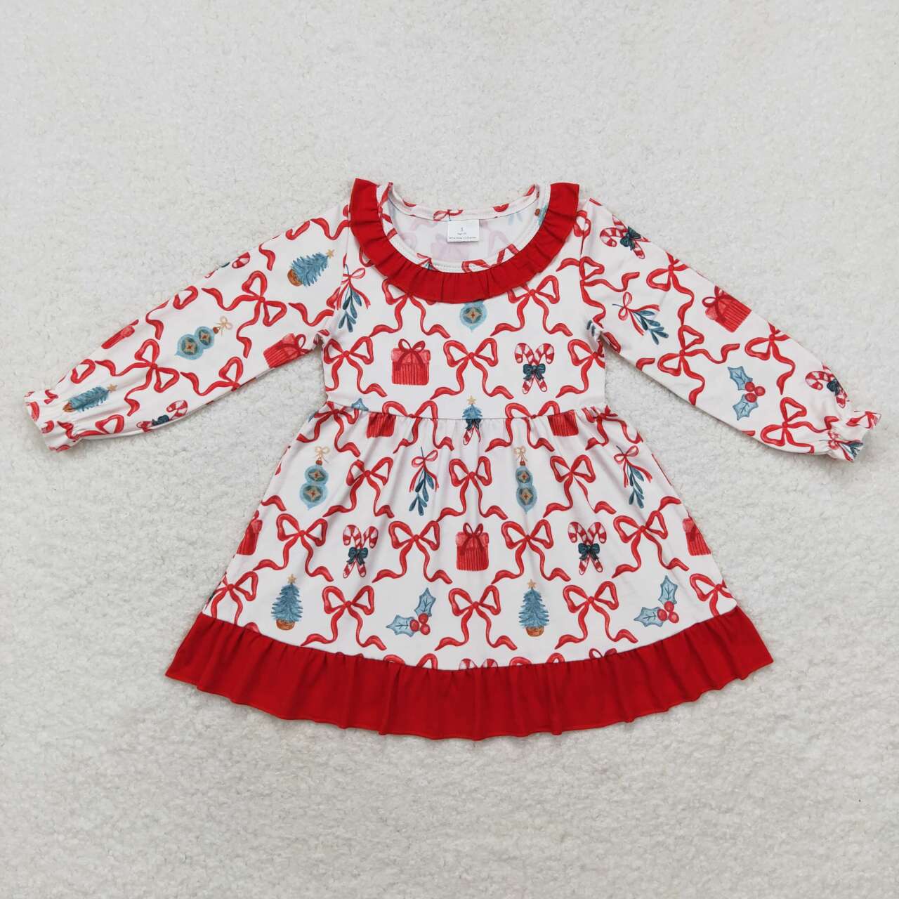 GLD0523 Candy Cane Tree Bows Print Girls Christmas Knee Length Ruffle Dress