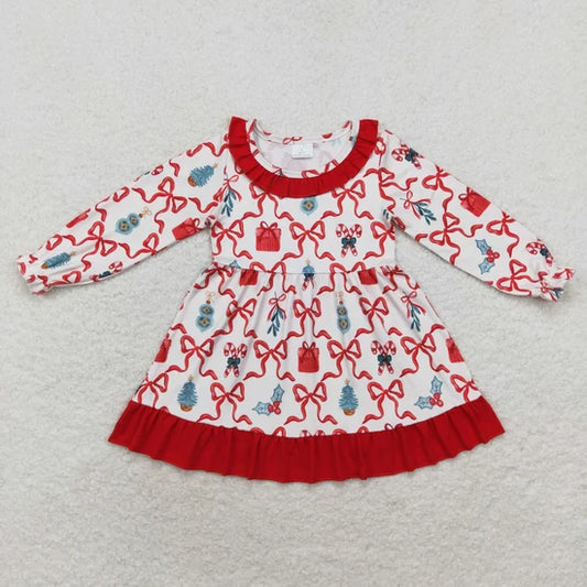 Sibling Baby Girls Christmas Cartoon Bow Long Sleeve Dress