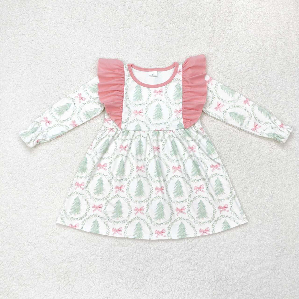 GLD0555 Tree Bows Print Girls Christmas Knee Length Dress