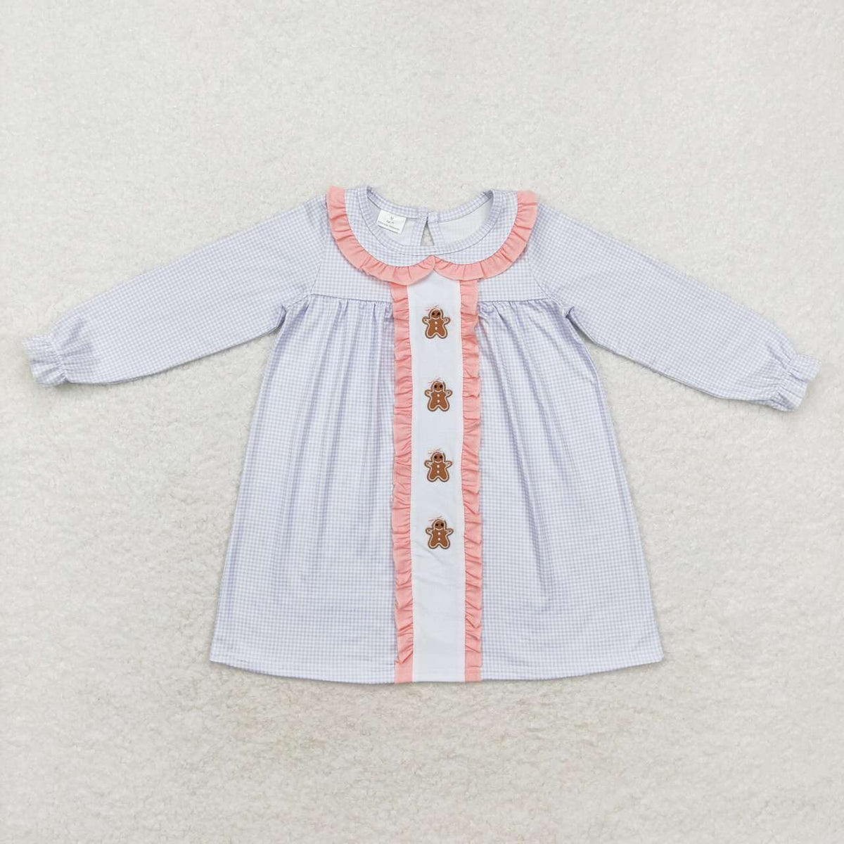 GLD0571 Gingerbread Embroidery Checkered Print Girls Christmas Knee Length Dress