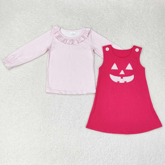 GLD0576 Checkered Pink Top Smiling Face Embroidery Hot Pink Dress Girls Halloween Clothes Set