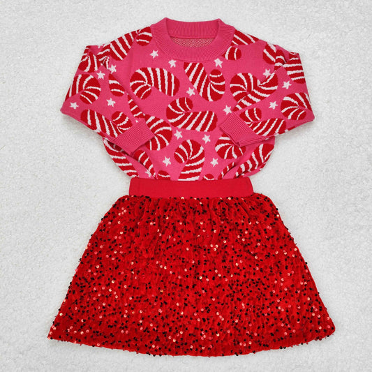 GLD0671 Candy Cane Sweater Top Red Sequins Skirts Girls Christmas Clothes Set