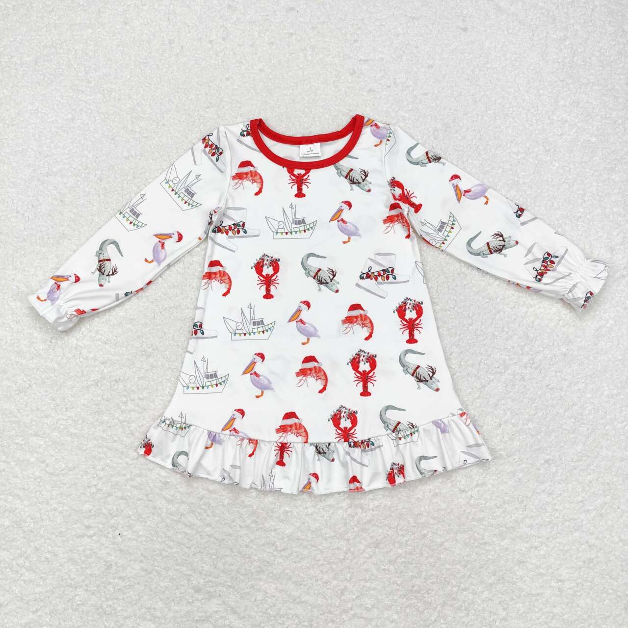 GLD0687 Pelican Crayfish Crocodile Print Girls Christmas Knee Length Dress