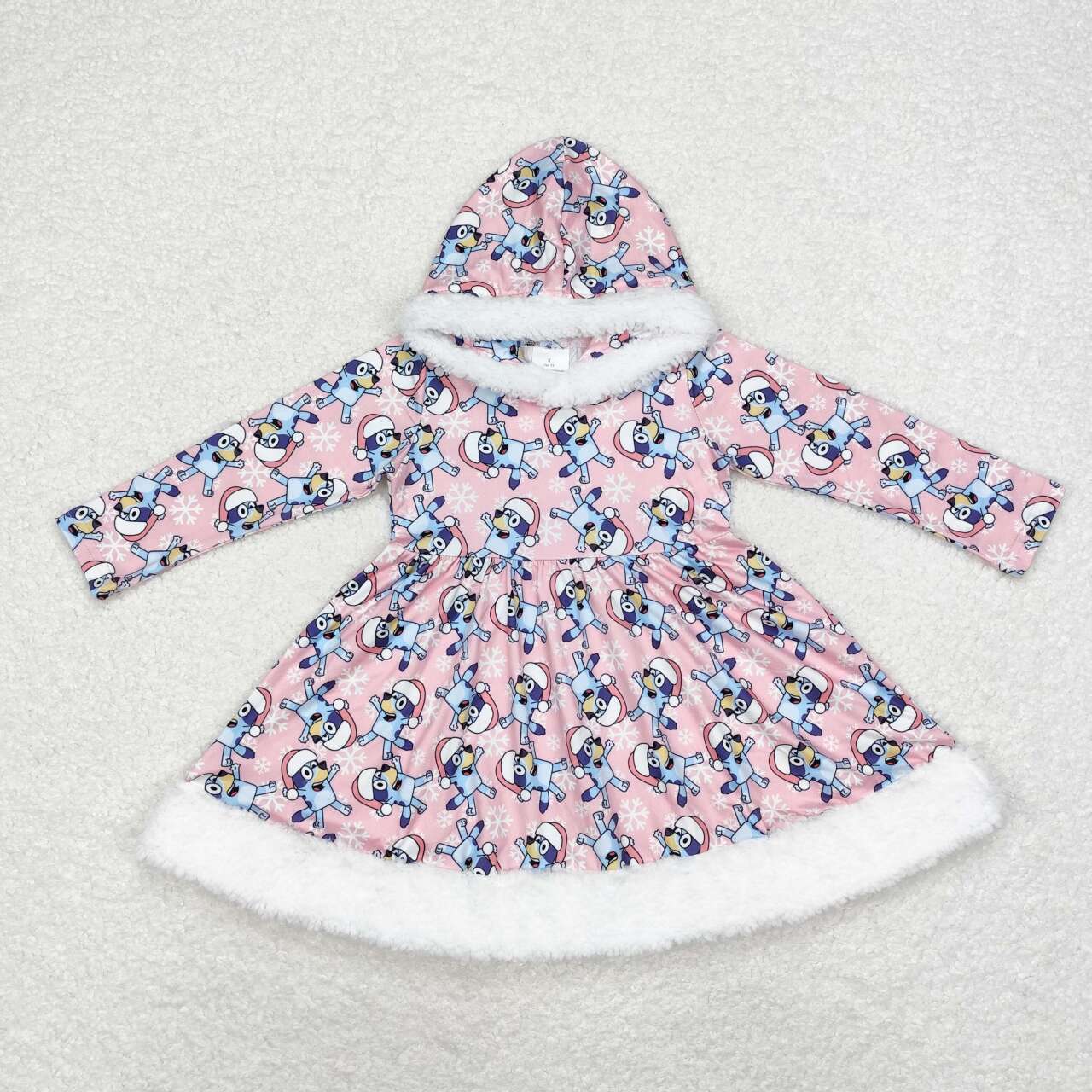 GLD0724 Cartoon Dog Print White Fur Edge Girls Christmas Knee Length Hoodie Dress
