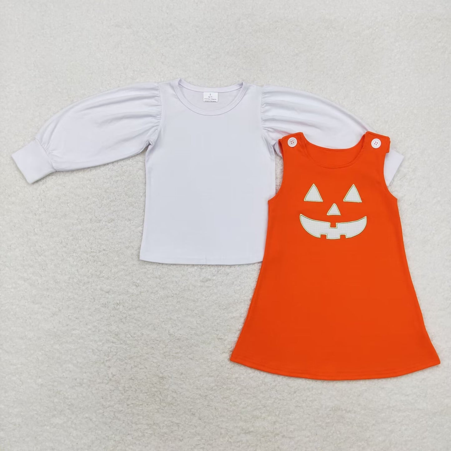 GLD0807 White Top Smiling Face Embroidery Orange Dress Girls Halloween Cotton Clothes Set