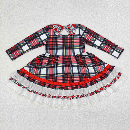 GLD0838 Checkered Flowers Print Girls Christmas Knee Length Ruffle Dress