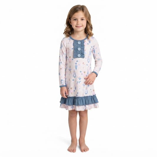 GLD0874 Nutcracke* Soldier Print Girls Christmas Knee Length Ruffle Dress