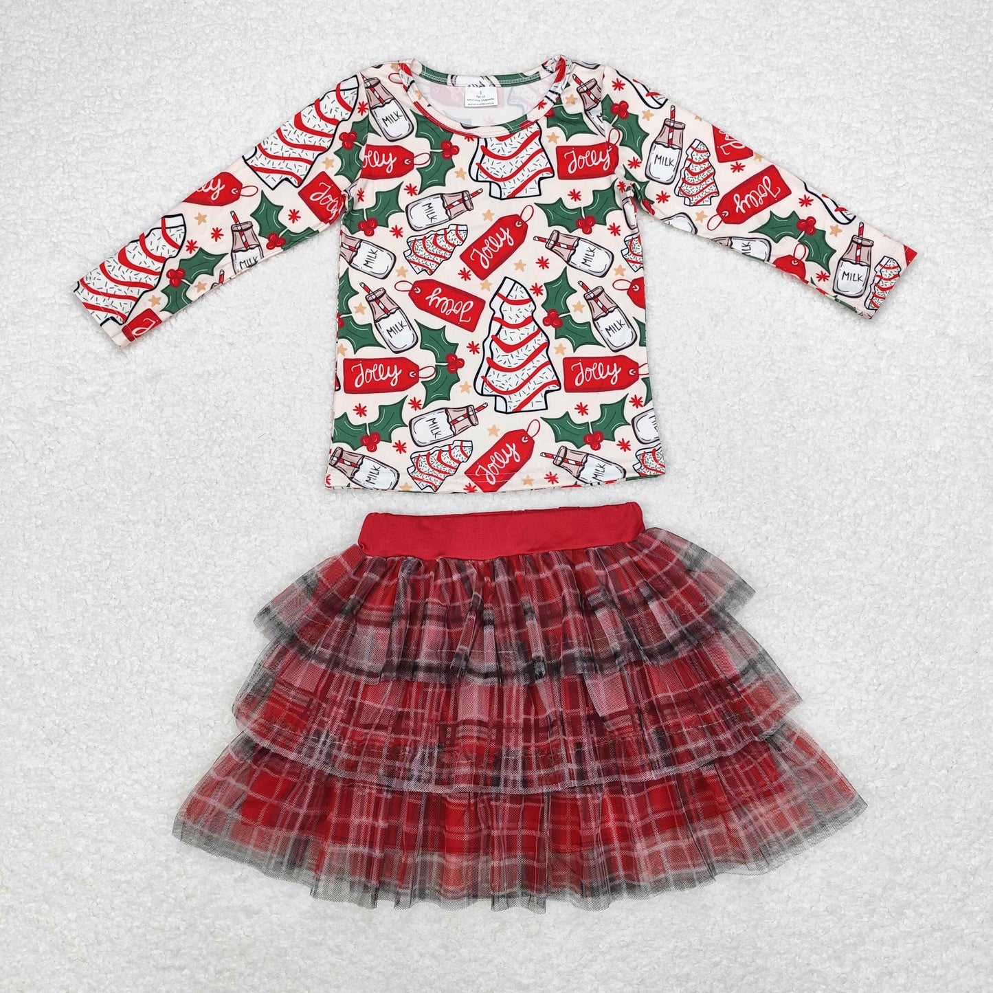 GLD0883 Debbie Cake Milk Holly Top Checkered Tulle Skirts Girls Christmas Clothes Set
