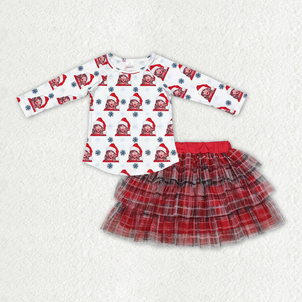GLD0890 Singer Swiftie Top Checkered Tulle Skirts Girls Christmas Clothes Set
