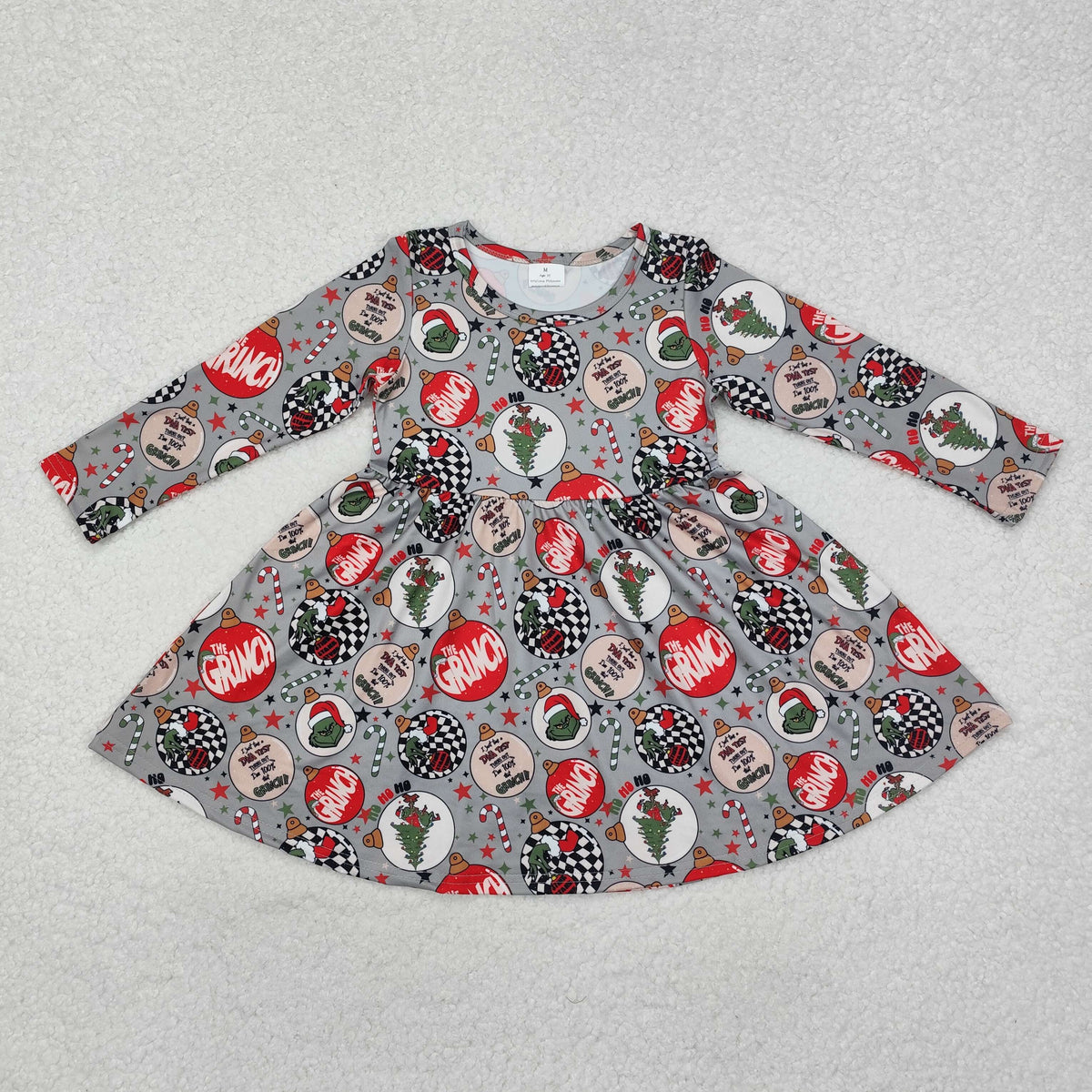 GLD0905 Green Frog Candy Cane Stars Print Girls Christmas Knee Length Dress