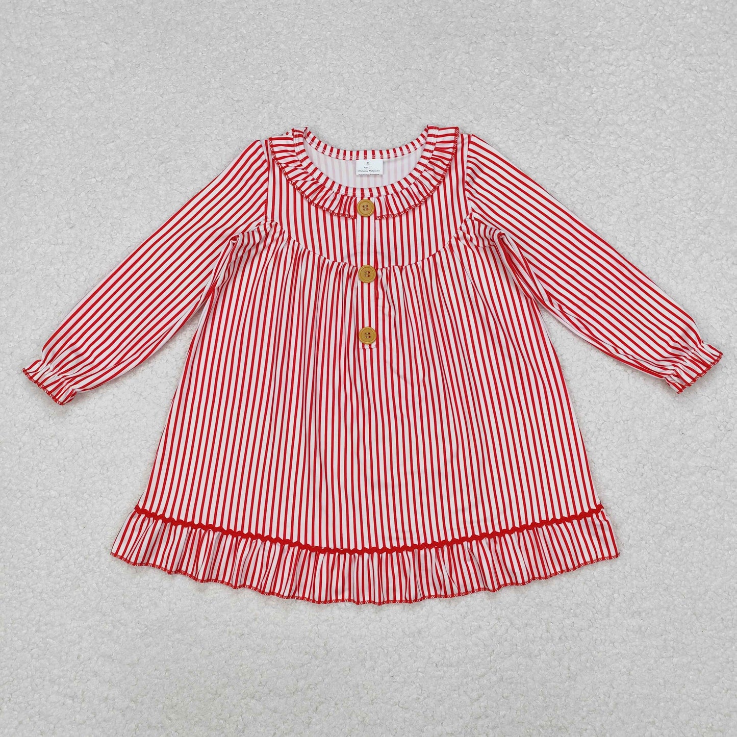 GLD0933 Red Stripes Print Girls Christmas Knee Length Ruffle Gown Dress