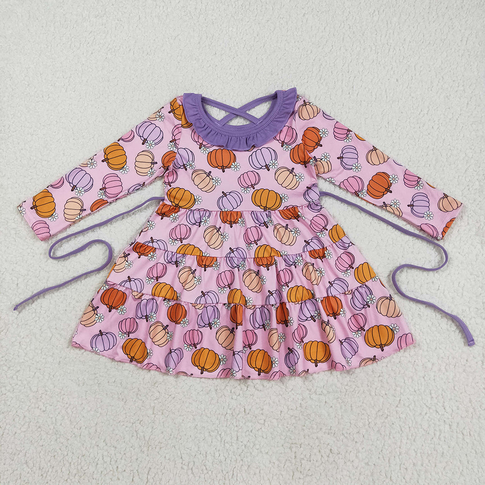GLD1032 Pumpkin Flowers Pink Print Girls Long Sleeve Knee Length Dress