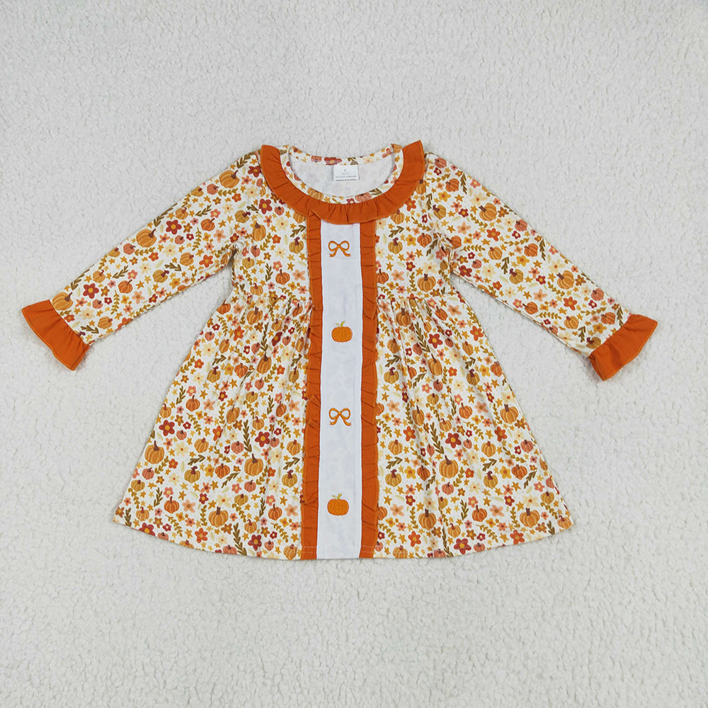 GLD1058 Pumpkin Bows Embroidery Flowers Girls Ruffle Knee Length Dress