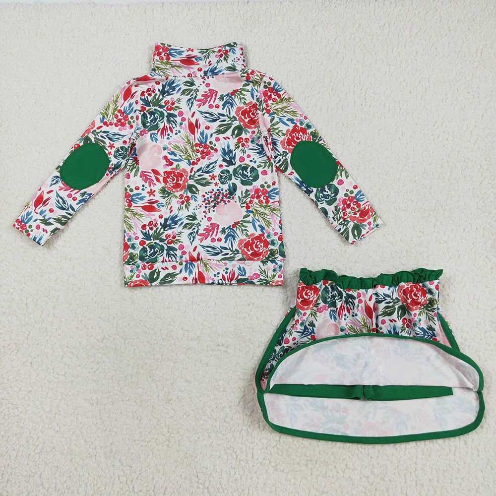 GLD1075 Flowers Zipper Pullover Top Skort Girls Christmas Clothes Set