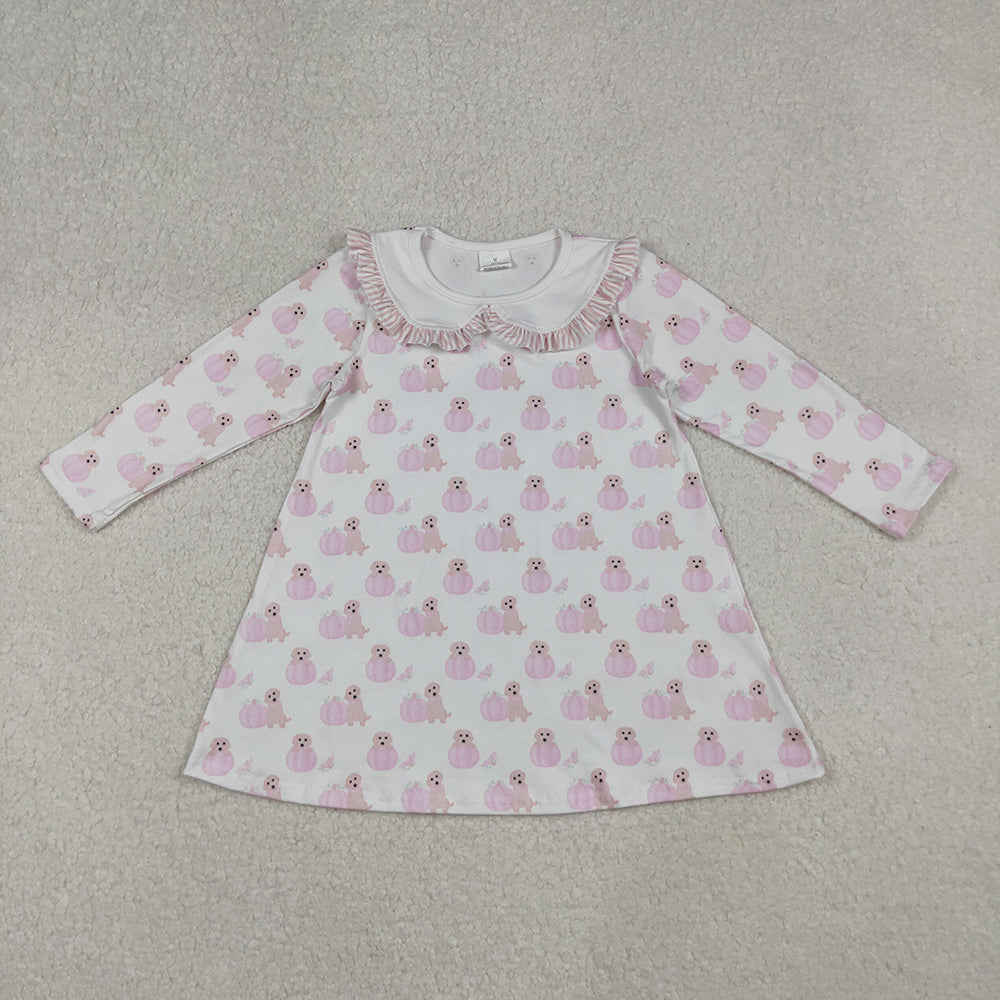 GLD1157 Pumpkin Dog Print Girls Doll Collar Long Sleeve Knee Length Dress