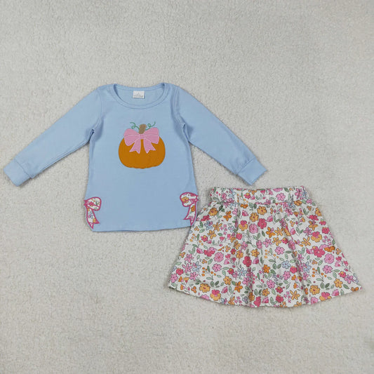 SSibling Embroidery Bows Ghosts Pumpkins Baby Girls Shirts Top Flowers Leopard Skorts Fall Clothes Sets