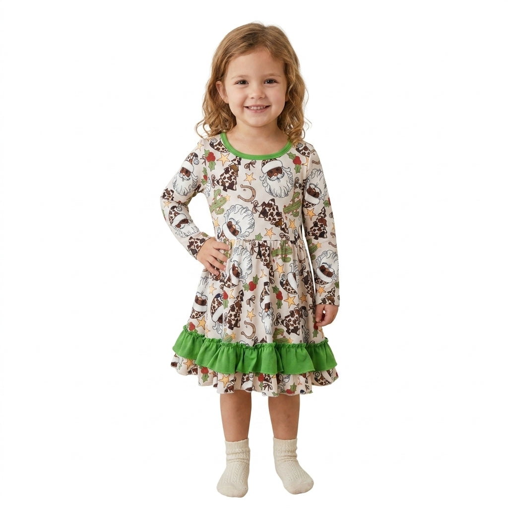 GLD1213 Santa Holly Cactus Print Girls Christmas Ruffle Dress