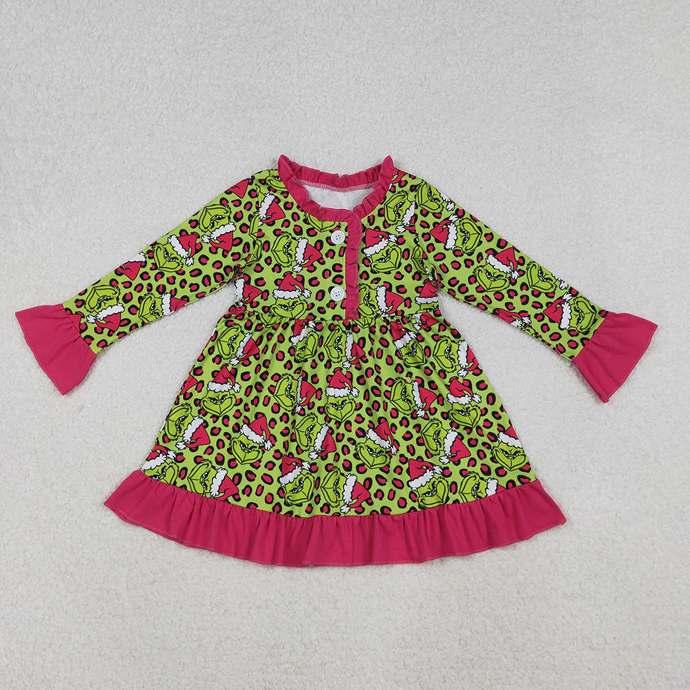 GLD1254 Green Frog Leopard Print Girls Christmas Knee Length Ruffle Gown Dress