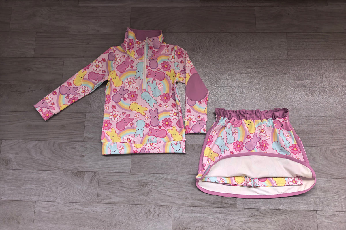 GLD1578 Colorful Bunny Flowers Rainbow Pullover Top Skort Girls Easter Yoga Clothes Set