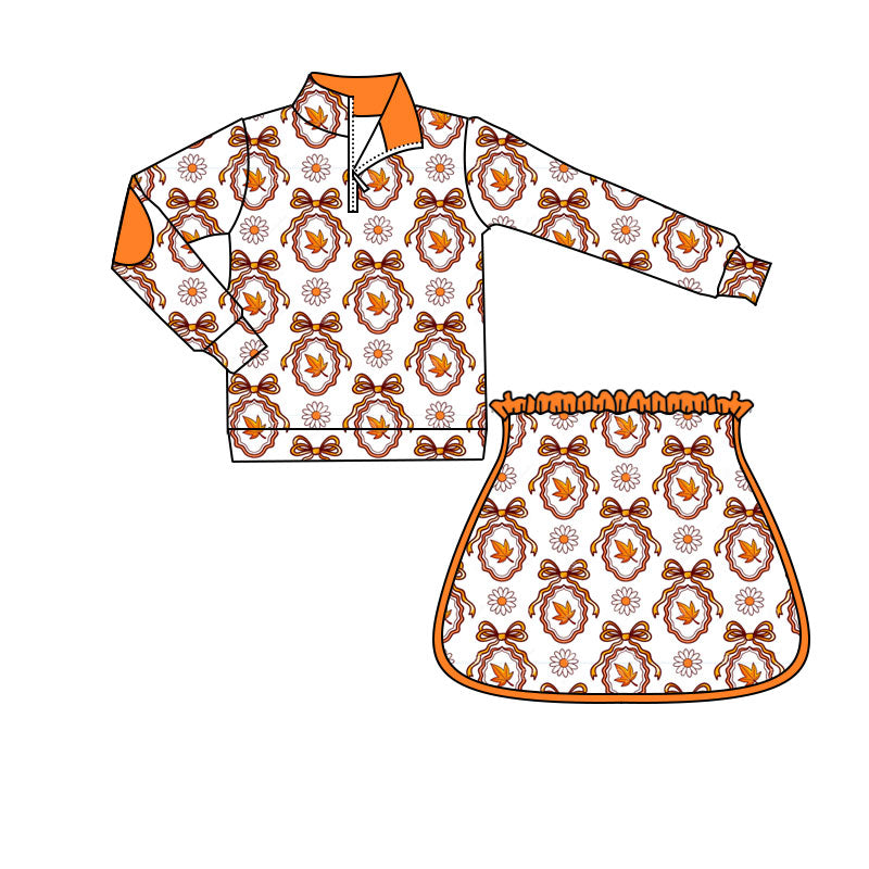 4.18 GLD1602 Preorder Leaf Flowers Bows Zipper Top Skirts Girls Fall Clothes Set