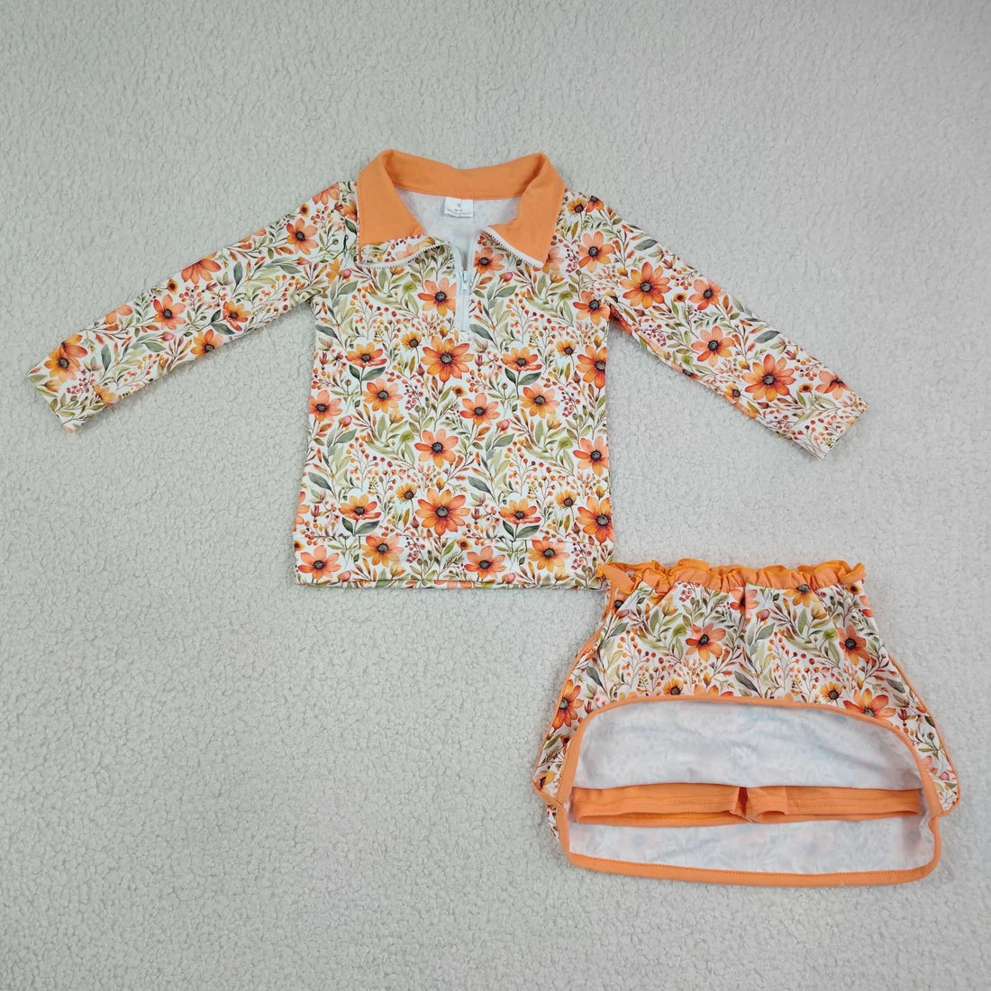 Sibling Baby Girls Long Sleeve Flowers Bows Zip Pumpkins Top Skirt Short Clothes Sets