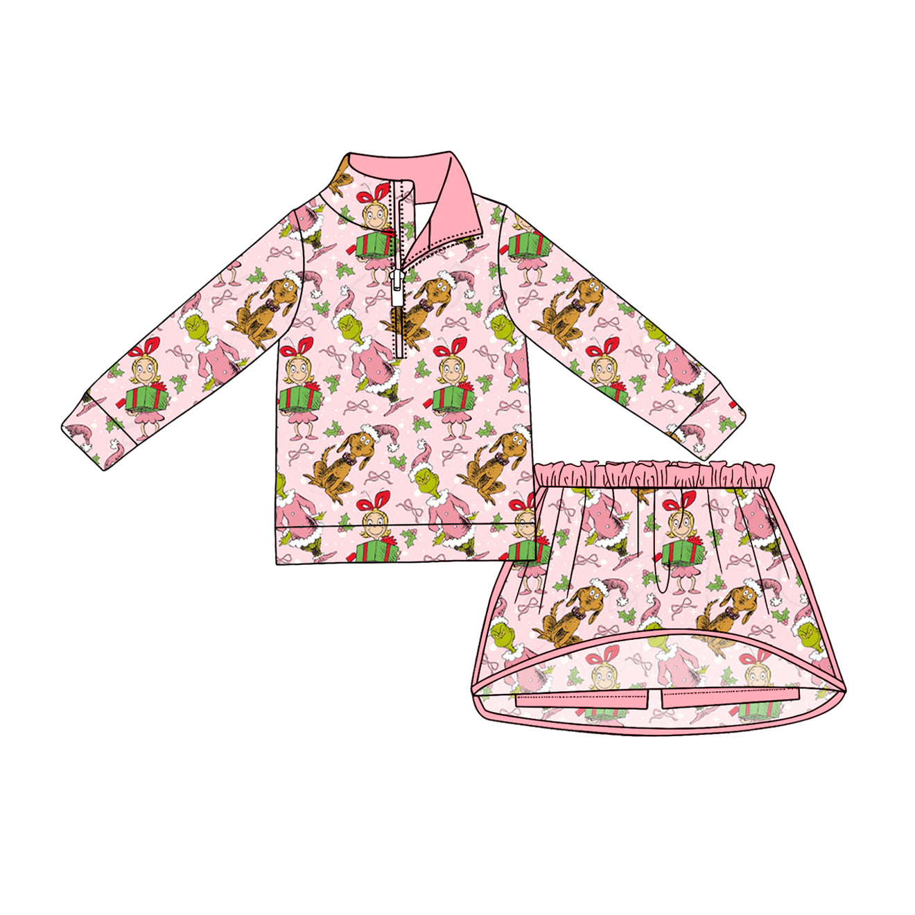 4.24 Girls Pink Cartoon Christmas Outfit - Half Zip Top & Skirt Set Preorder
