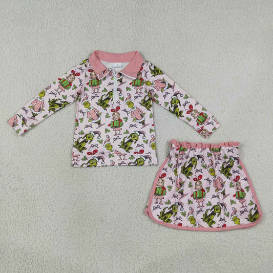 GLD1610 Green Frog Friends Holly Pink Print Zipper Pullover Top Skort Girls Christmas Clothes Set