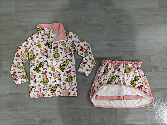 4.24 Girls Pink Cartoon Christmas Outfit - Half Zip Top & Skirt Set Preorder