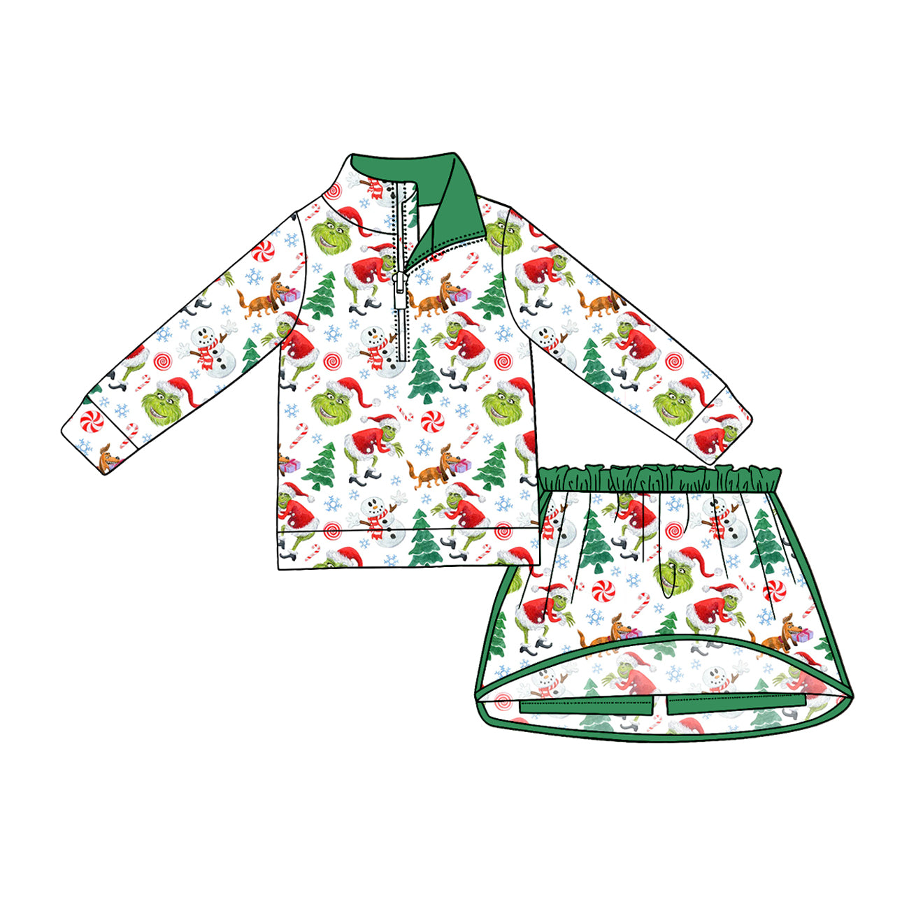 4.24 Girls Green Face Cartoon Christmas Outfit - Half Zip Top & Skirt Set Preorder