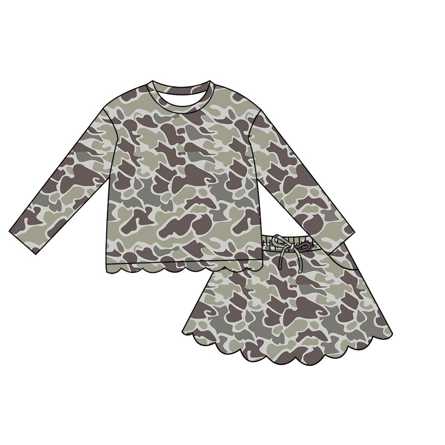 4.29 GLD1614 Dark Brown Camo Long Sleeve Top Skirts Girls Scallop Outfits Preorder