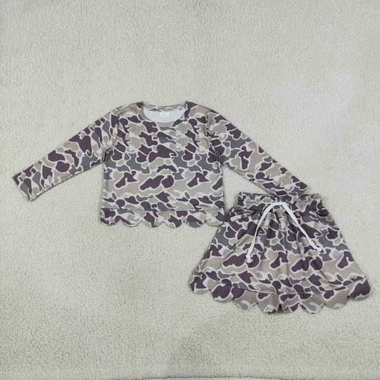 GLD1614 Dark Brown Grey Camo Long Sleeve Top Skort Girls Scallop Clothes Set