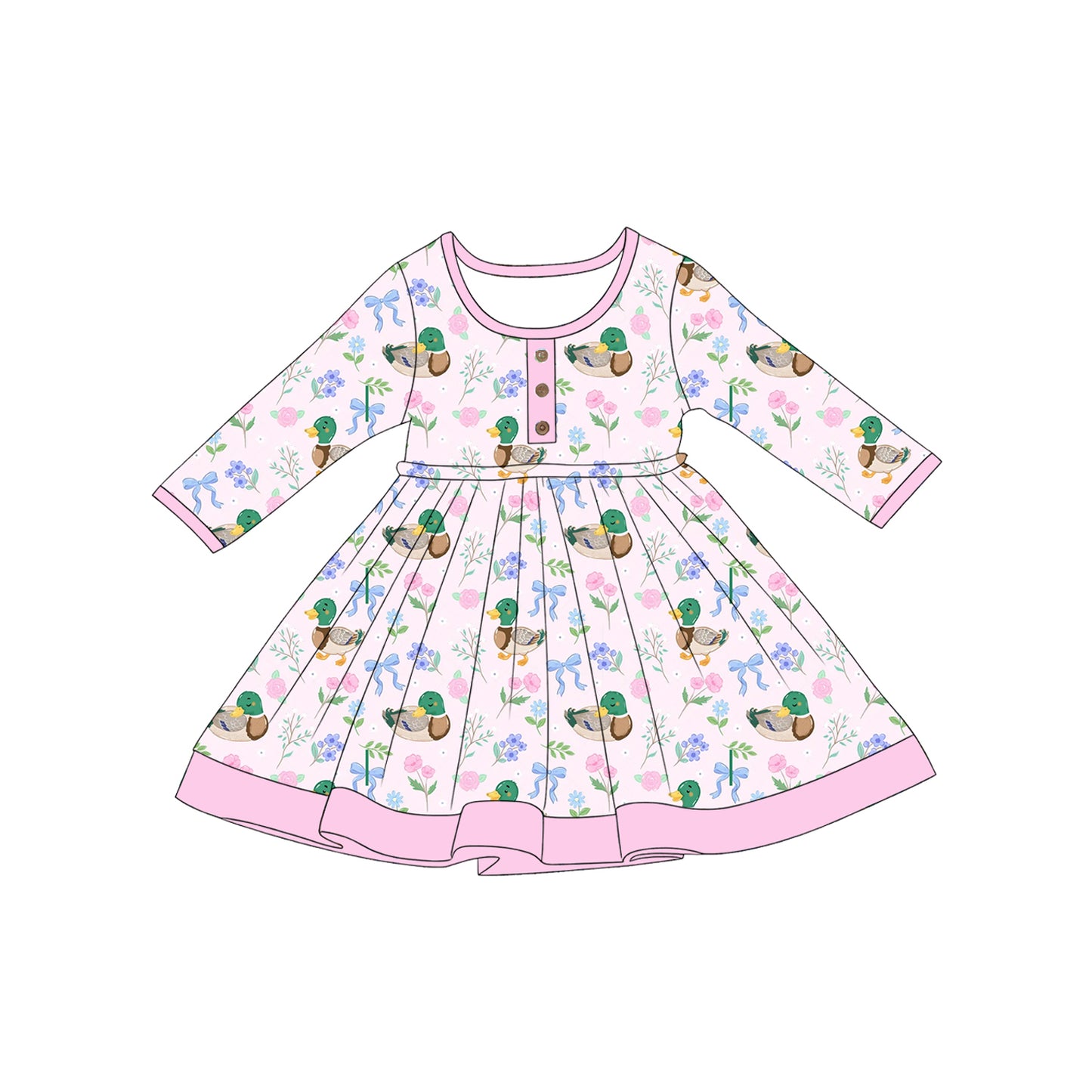 5.1 GLD1621 Duck Bows Flowers Baby Girls Long Sleeve Knee Length Dress Preorder