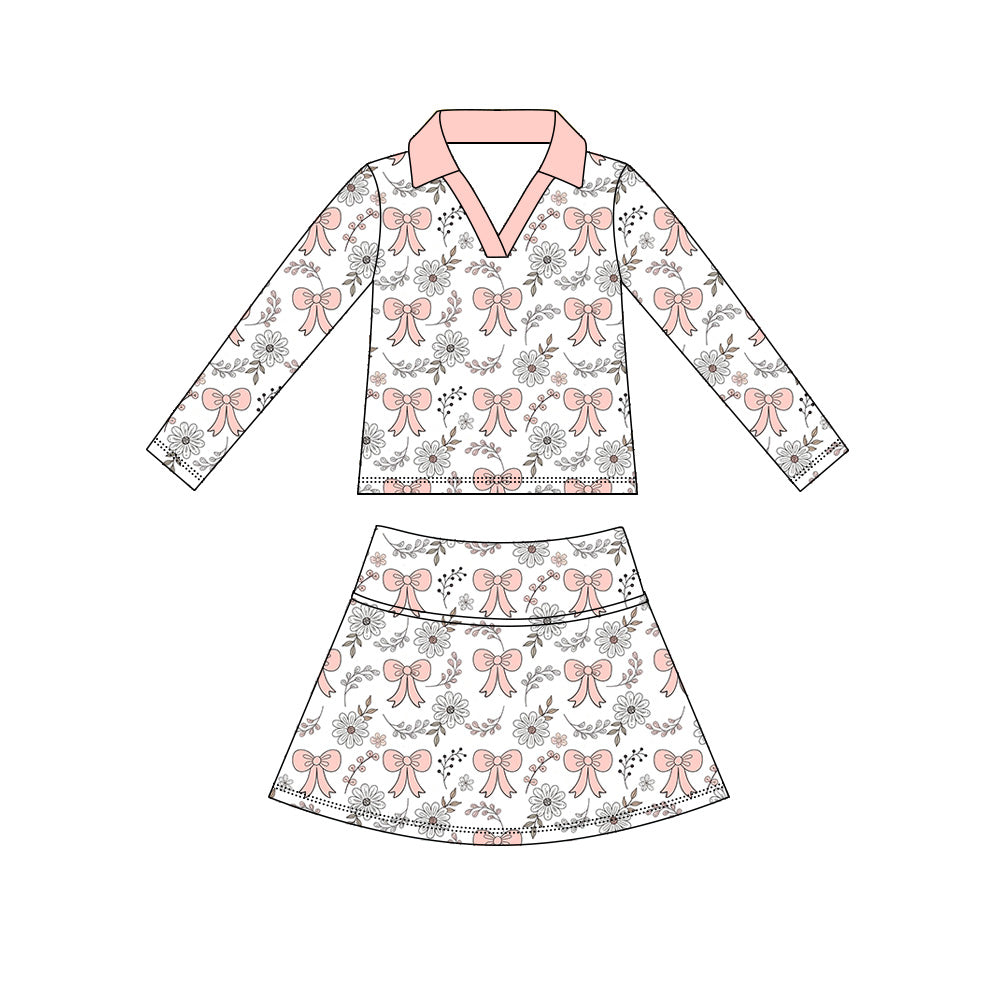 5.9 Preorder GLD1631 Pink Bows Flowers Long Sleeve Top Skirts Girls Yoga Clothes Set