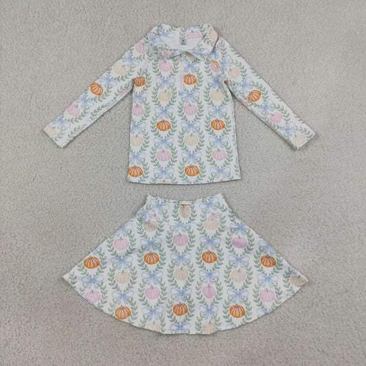 GLD1635 Pumpkin Bows Zipper Top Skort Girls Fall Yoga Clothes Set