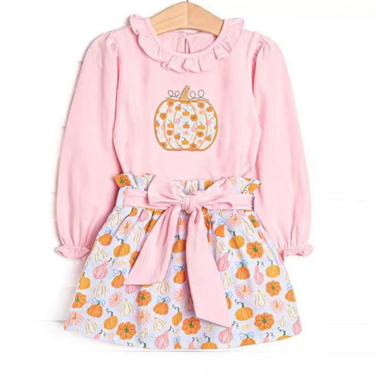 6.18 Preorder GLD1641 Pumpkin Pink Top Skirts Girls Fall Clothes Set