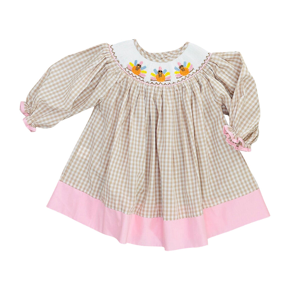 6.18 Preorder GLD1648 Turkey Plaid Print Baby Girls Thanksgiving Dress