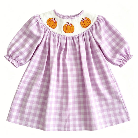 6.19 Baby Girls Pumpkin Purple Gingham Short Sleeve Dress Preorder