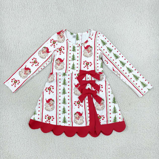 GLD1650 Santa Tree Candy Cane Print Girls Christmas Long Sleeve Bows Active Dress