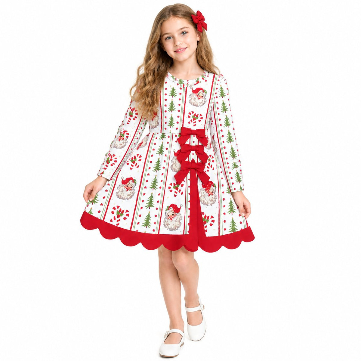 GLD1650 Santa Tree Candy Cane Print Girls Christmas Long Sleeve Bows Active Dress