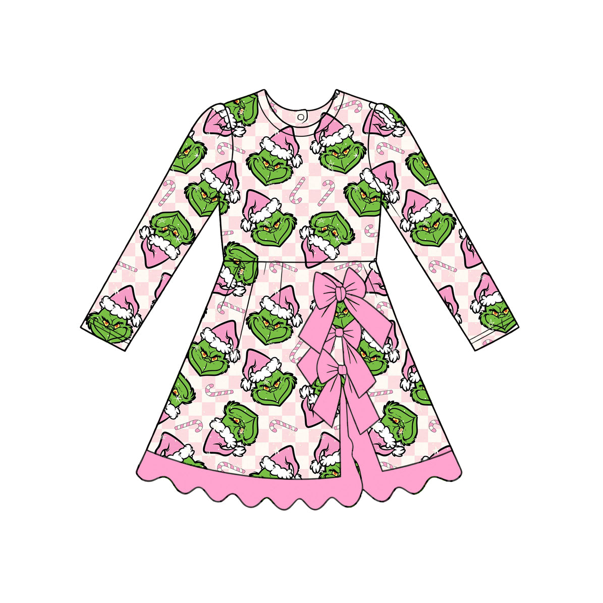 6.24 GLD1651 Baby Girls Christmas Green Face Long Sleeve Active Dress With Bow