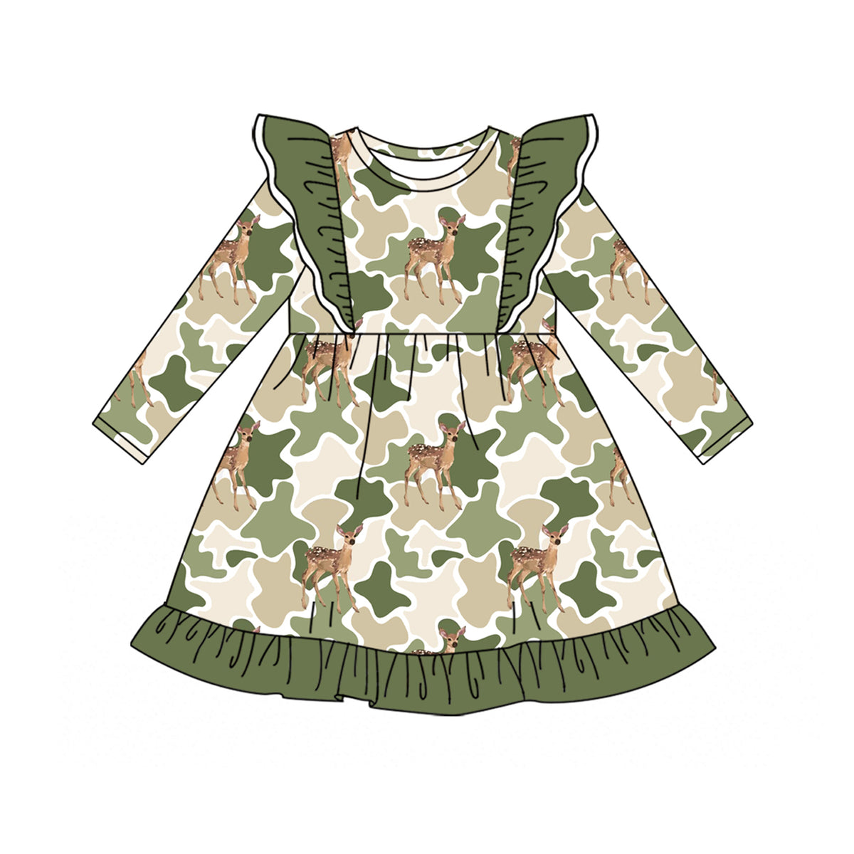 6.26 Preorder Kids Deer Green Camo Long Sleeve Dress