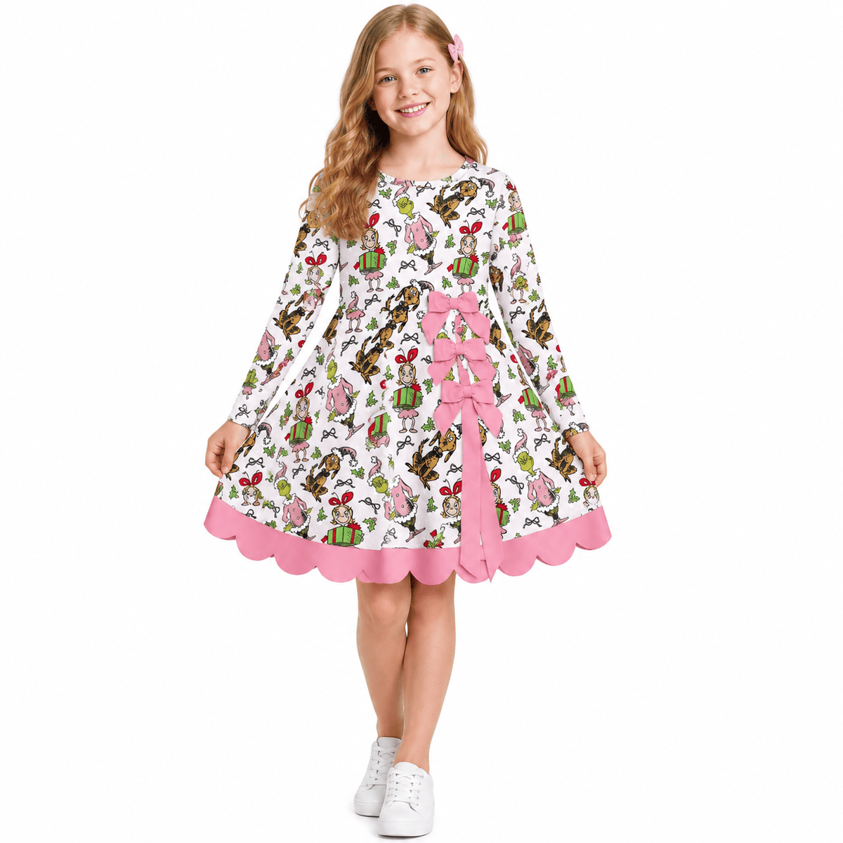 Green Frog Pink Bows Baby Girls Christmas Long Sleeve Active Dress With Bow