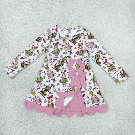 GLD1656 Green Frog Pink Bows Baby Girls Christmas Long Sleeve Active Dress With Bow