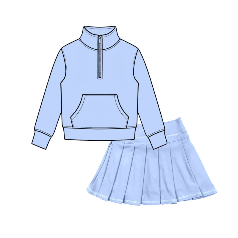 6.30 Preorder Girls Blue Quarter Zip Pullover & Pleated Skort 2 Piece Active Outfit
